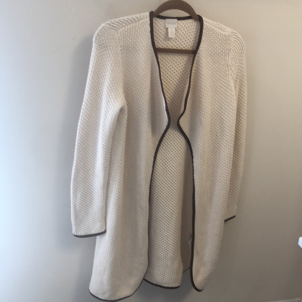 Chico’s open front long cardigan/topper/duster with faux leather trim